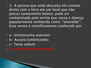  3- A pessoa que anda descalça em contato
direto com a terra em um local que não
possui saneamento básico, pode ser
contaminada pelo verme que causa a doença
popularmente conhecida como ‘’amarelão’’.
Esse verme é cientificamente conhecido por:
 a- Schistosoma mansoni
 b- Ascaris lumbricoides
 c- Tenia solium
 d- Ancylostoma duodenale
 