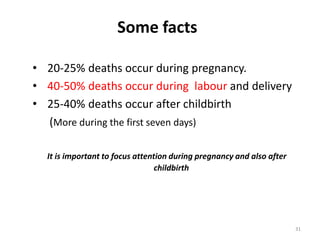 Some facts

• 20-25% deaths occur during pregnancy.
• 40-50% deaths occur during labour and delivery
• 25-40% deaths occur after childbirth
  (More during the first seven days)

  It is important to focus attention during pregnancy and also after
                                 childbirth




                                                                       31
 