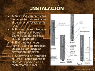 Mexicana de Anclas Mineras, S. A.de C. V.
INSTALACIÓN
• 1- Se introducen cartuchos
de cemento o de resina en
el barreno perforado en la
roca.
• 2- En seguida se introduce
manualmente el Perno -
Cable, hasta donde inicia
el tubo rigidizador.
• 3- El último tramo de
Perno - Cable se introduce
utilizando una máquina
perforadora de pierna.
• 4- Se termina de introducir
el Perno - Cable cuando la
placa de soporte está en
contacto con la roca.
 