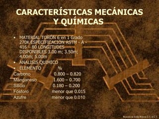 Mexicana de Anclas Mineras, S. A.de C. V.
CARACTERÍSTICAS MECÁNICAS
Y QUÍMICAS
• MATERIAL TORÓN 6 en 1 Grado
270K ESPECIFICACIÓN ASTM - A -
416 – 80 LONGITUDES
DISPONIBLES 3.00 m; 3.50m;
4.00m; 5.00m
• ANALISIS QUIMICO
• ELEMENTO %
Carbono 0.800 – 0.820
Manganeso 1.600 – 0.700
Silicio 0.180 – 0.200
Fósforo menor que 0.015
Azufre menor que 0.010
 