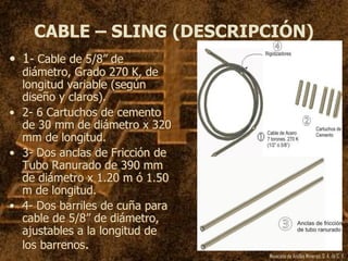 Mexicana de Anclas Mineras, S. A.de C. V.
CABLE – SLING (DESCRIPCIÓN)
• 1- Cable de 5/8” de
diámetro, Grado 270 K, de
longitud variable (según
diseño y claros).
• 2- 6 Cartuchos de cemento
de 30 mm de diámetro x 320
mm de longitud.
• 3- Dos anclas de Fricción de
Tubo Ranurado de 390 mm
de diámetro x 1.20 m ó 1.50
m de longitud.
• 4- Dos barriles de cuña para
cable de 5/8” de diámetro,
ajustables a la longitud de
los barrenos.
 