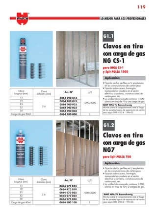 119
Clavo
longitud (mm)
13
19
25
32
38
Carga de gas 80ml.
U/E
1000/5000
2
Clavos en tira
con carga de gas
NG CS-1
para DIGA CS-1
y Spit PULSA 1000
G1.1
• Fijación de los perfiles en U empleados
en las construcciones de cartón-yeso.
• Fijación sobre acero, hormigón,
mamposteríay madera en el sector
eléctrico y sanitario, construcciones de
cartón-yeso, etc.
• La unidad de envasado contiene 1.000
clavos en tiras de 10 y una carga de gas.
Aplicación
IBMP MPA TU Braunshweig
Informe sobre el comportamiento ante el fuego
de las paredes ligeras de separación de cartón-
yeso según DIN 4102-4: 1994-03.
G1.2
• Fijación de los perfiles en U empleados
en las construcciones de cartón-yeso.
• Fijación sobre acero, hormigón,
mamposteríay madera en el sector
eléctrico y sanitario, construcciones de
cartón-yeso, etc.
• La unidad de envasado contiene 1.000
clavos en tiras de 10 y 2 cargas de gas.
IBMP MPA TU Braunshweig
Informe sobre el comportamiento ante el fuego
de las paredes ligeras de separación de cartón-
yeso según DIN 4102-4: 1994-03.
Clavos en tira
con carga de gas
NG7
para Spit PULSA 700
Art. Nº
0864 900 013
0864 900 019
0864 900 025
0864 900 032
0864 900 038
0864 900 000
Clavo
diámetro (mm)
2.6
Aplicación
Clavo
longitud (mm)
13
19
25
32
38
Carga de gas 40ml.
U/E
1000/5000
2
Art. Nº
0864 970 013
0864 970 019
0864 970 025
0864 970 032
0864 970 038
0864 900 100
Clavo
diámetro (mm)
2.6
LO MEJOR PARA LOS PROFESIONALES
®
anclajes2.indd 119anclajes2.indd 119 20/04/2007 10:42:4020/04/2007 10:42:40
 