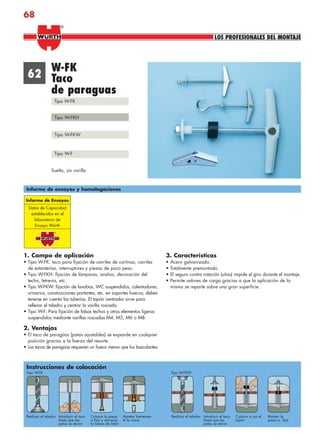 68
LOS PROFESIONALES DEL MONTAJE
®
1. Campo de aplicación
• Tipo W-FK: taco para fijación de carriles de cortinas, carriles
de estanterías, interruptores y piezas de poco peso.
• Tipo W-FKH: fijación de lámparas, arañas, decoración del
techo, letreros, etc.
• Tipo W-FKW: fijación de lavabos, WC suspendidos, calentadores,
urinarios, construcciones portantes, etc. en soportes huecos, deben
tenerse en cuenta las tuberías. El tapón centrador sirve para
rellenar el taladro y centrar la varilla roscada.
• Tipo W-F: Para fijación de falsos techos y otros elementos ligeros
suspendidos mediante varillas roscadas M4, M5, M6 o M8.
2. Ventajas
• El taco de paragüas (patas ajustables) se expande en cualquier
posición gracias a la fuerza del resorte.
• Los tacos de paragüas requieren un hueco menor que los basculantes.
3. Características
• Acero galvanizado.
• Totalmente premontado.
• El seguro contra rotación (uñas) impide el giro durante el montaje.
• Permite valores de carga gracias a que la aplicación de la
misma se reparte sobre una gran superficie.
62
W-FK
Taco
de paraguas
Tipo W-FK
Tipo W-FKH
Tipo W-FKW
Tipo W-F
Suelto, sin varilla
Instrucciones de colocación
Informe de ensayos y homologaciones
Realizar el taladroRealizar el taladro Introducir el taco
hasta que las
patas se abran
Colocar la pieza
a fijar y enroscar
la tuerca de latón
Introducir el taco
hasta que las
patas se abran
Colocar a ras el
tapón
Apretar fuertemen-
te la rosca
Montar la
pieza a fijar
Tipo W-FK Tipo W-FKW
Informe de Ensayos
Datos de Capacidad
establecidos en el
laboratorio de
Ensayo Würth
anclajes2.indd 68anclajes2.indd 68 23/04/2007 11:32:5623/04/2007 11:32:56
 
