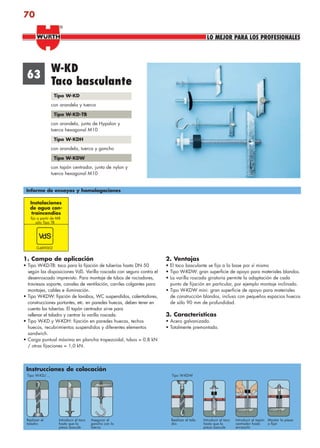 70
1. Campo de aplicación
• Tipo W-KD-TB: taco para la fijación de tuberías hasta DN 50
según las disposiciones VdS. Varilla roscada con seguro contra el
desenroscado imprevisto. Para montaje de tubos de rociadores,
traviesas soporte, canales de ventilación, carriles colgantes para
montajes, cables e iluminación.
• Tipo W-KDW: fijación de lavabos, WC suspendidos, calentadores,
construcciones portantes, etc. en paredes huecas, deben tener en
cuenta las tuberías. El tapón centrador sirve para
rellenar el taladro y centrar la varilla roscada.
• Tipo W-KD y W-KDH: fijación en paredes huecas, techos
huecos, recubrimientos suspendidos y diferentes elementos
sandwich.
• Carga puntual máxima en plancha trapezoidal, tubos = 0,8 kN
/ otras fijaciones = 1,0 kN.
2. Ventajas
• El taco basculante se fija a la base por sí mismo
• Tipo W-KDW: gran superficie de apoyo para materiales blandos.
• La varilla roscada giratoria permite la adaptación de cada
punto de fijación en particular, por ejemplo montaje inclinado.
• Tipo W-KDW mini: gran superficie de apoyo para materiales
de construcción blandos, incluso con pequeños espacios huecos
de sólo 90 mm de profundidad.
3. Características
• Acero galvanizado.
• Totalmente premontado.
63
Informe de ensayos y homologaciones
Instalaciones
de agua con-
traincendios
fijo a partir de M8
sólo Tipo TB
Instrucciones de colocación
Realizar el
taladro
Realizar el tala-
dro
Introducir el taco
hasta que la
pieza bascule
Introducir el tapón
centrador hasta
enrasarlo
Introducir el taco
hasta que la
pieza bascule
Asegurar el
gancho con la
tuerca
Montar la pieza
a fijar
Tipo W-KD/… Tipo W-KDW
G489002
W-KD
Taco basculante
Tipo W-KD
con arandela y tuerca
Tipo W-KD-TB
con arandela, junta de Hypalon y
tuerca hexagonal M10
Tipo W-KDH
con arandela, tuerca y gancho
Tipo W-KDW
con tapón centrador, junta de nylon y
tuerca hexagonal M10
LO MEJOR PARA LOS PROFESIONALES
®
anclajes2.indd 70anclajes2.indd 70 20/04/2007 10:42:0720/04/2007 10:42:07
 