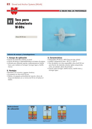 82
1. Campo de aplicación
• Fijación de materiales aislantes en pared
• Fijación de láminas e impermeabilizantes en el exterior de sótanos.
• Indicado para diferentes soportes, preferentemente en ladrillo
hueco, pero también en hormigón, hormigón ligero y ladrillo
macizo.
2. Ventajas
• Resistente a la corrosión y agentes climáticos.
• Se presenta con disco de Ø 50 mm.
• Debido a la pequeña profundidad de inserción, ahorro de
tiempo de taladrado con un mínimo de 30 mm al realizar el
taladro.
3. Características
• Polipropileno PP (Taco) y ABS (Clavo) de alta calidad.
• Estable a temperaturas entre – 40 °C y + 80 °C.
• Taco de plástico con clavo expandible y disco de Ø 50 mm
para fijación de materiales aislantes rígidos autoportantes
como, por ejemplo, placas de porexpan.
• Fijación sobre hormigón, ladrillo macizo, ladrillo hueco y
hormigón ligero.
81
Informe de ensayos y homologaciones
Instrucciones
de colocación
Realizar el taladro Introducir el taco
hasta enrasarlo
Introducir y golpe-
ar el clavo
Taco para
aislamiento
W-DDx
Disco Ø 50 mm
LO MEJOR PARA LOS PROFESIONALES
®
Dowel and Anchor Systems (Würth)
anclajes2.indd 82anclajes2.indd 82 20/04/2007 10:42:1320/04/2007 10:42:13
 