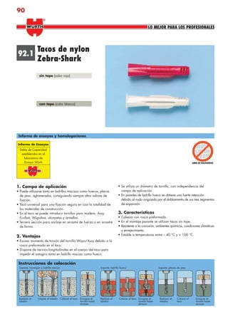 90
1. Campo de aplicación
• Puede utilizarse tanto en ladrillos macizos como huecos, placas
de yeso, aglomerados, consiguiendo siempre altos valores de
fijación.
• Taco universal para una fijación segura en casi la totalidad de
los materiales de construcción.
• En el taco se puede introducir tornillos para madera, Assy,
Ecofast, Wüpofast, alcayatas y armellas.
• Tercera sección para anclaje en arrastre de fuerza o en arrastre
de forma.
2. Ventajas
• Escaso momento de torsión del tornillo Wüpo/Assy debido a la
rosca preformada en el taco.
• Dispone de nervios longitudinales en el cuerpo del taco para
impedir el autogiro tanto en ladrillo macizo como hueco.
• Se utiliza un diámetro de tornillo, con independencia del
campo de aplicación.
• En paredes de ladrillo hueco se obtiene una fuerte retención
debido al nudo originado por el doblamiento de sus tres segmentos
de expansión.
3. Características
• Cabeza con rosca preformada.
• En el montaje pasante se utilizan tacos sin tope.
• Resistente a la corrosión, ambientes químicos, condiciones climáticas
y envejecimiento.
• Estable a temperaturas entre – 40 °C y + 100 °C.
Tacos de nylon
Zebra-Shark
sin tope (color rojo)
con tope (color blanco)
Instrucciones de colocación
Informe de ensayos y homologaciones
92.1
Realizar el
taladro
Limpiar el taladro Colocar el taco Enroscar el
tornillo hasta
enrasar
Realizar el
taladro
Colocar el taco Enroscar el
tornillo hasta
enrasar
Realizar el
taladro
Colocar el
taco
Enroscar el
tornillo hasta
enrasar
Soporte: placas de yesoSoporte: ladrillo huecoSoporte: hormigón y ladrillo macizo
LO MEJOR PARA LOS PROFESIONALES
®
Informe de Ensayos
Datos de Capacidad
establecidos en el
laboratorio de
Ensayo Würth
anclajes2.indd 90anclajes2.indd 90 20/04/2007 10:42:1820/04/2007 10:42:18
 