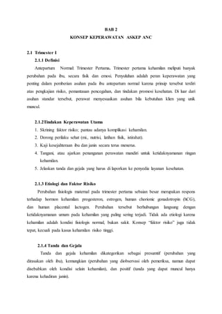 BAB 2
KONSEP KEPERAWATAN ASKEP ANC
2.1 Trimester I
2.1.1 Definisi
Antepartum Normal: Trimester Pertama. Trimester pertama kehamilan meliputi banyak
perubahan pada ibu, secara fisik dan emosi. Penyuluhan adalah peran keperawatan yang
penting dalam pemberian asuhan pada ibu antepartum normal karena prinsip tersebut terdiri
atas pengkajian risiko, pemantauan pencegahan, dan tindakan promosi kesehatan. Di luar dari
asuhan standar tersebut, perawat menyesuaikan asuhan bila kebutuhan klien yang unik
muncul.
2.1.2Tindakan Keperawatan Utama
1. Skrining faktor risiko; pantau adanya komplikasi kehamilan.
2. Dorong perilaku sehat (mi., nutrisi, latihan fisik, istirahat).
3. Kaji kesejahteraan ibu dan janin secara terus menerus.
4. Tangani, atau ajarkan penanganan perawatan mandiri untuk ketidaknyamanan ringan
kehamilan.
5. Jelaskan tanda dan gejala yang harus di laporkan ke penyedia layanan kesehatan.
2.1.3 Etiologi dan Faktor Risiko
Perubahan fisiologis maternal pada trimester pertama sebaian besar merupakan respons
terhadap hormon kehamilan: progesteron, estrogen, human chorionic gonadotropin (hCG),
dan human placental lactogen. Perubahan tersebut berhubungan langsung dengan
ketidaknyamanan umum pada kehamilan yang paling sering terjadi. Tidak ada etiologi karena
kehamilan adalah kondisi fisiologis normal, bukan sakit. Konsep “faktor risiko” juga tidak
tepat, kecuali pada kasus kehamilan risiko tinggi.
2.1.4 Tanda dan Gejala
Tanda dan gejala kehamilan dikategorikan sebagai presumtif (perubahan yang
dirasakan oleh ibu), kemungkian (perubahan yang diobservasi oleh pemeriksa, namun dapat
disebabkan oleh kondisi selain kehamilan), dan positif (tanda yang dapat muncul hanya
karena kehadiran janin).
 