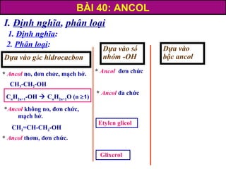 I. Định nghĩa, phân loại
1. Định nghĩa:
2. Phân loại:
Dựa vào gốc hidrocacbon
* Ancol no, đơn chức, mạch hở.
CH3-CH2-OH
*Ancol không no, đơn chức,
mạch hở.
CH2=CH-CH2-OH
* Ancol thơm, đơn chức.
Dựa vào số
nhóm -OH
* Ancol đơn chức
* Ancol đa chức
Etylen glicol
Glixerol
Dựa vào
bậc ancol
BÀI 40: ANCOL
CnH2n+1-OH  CnH2n+2O (n ≥1)
 