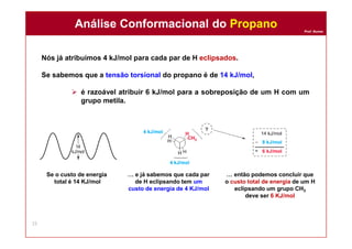 Prof. Nunes
Nós já atribuímos 4 kJ/mol para cada par de H eclipsados.
Se sabemos que a tensão torsional do propano é de 14 kJ/mol,
 é razoável atribuir 6 kJ/mol para a sobreposição de um H com um
grupo metila.
Análise Conformacional do PropanoAnálise Conformacional do Propano
15
… e já sabemos que cada par
de H eclipsando tem um
custo de energia de 4 KJ/mol
Se o custo de energia
total é 14 KJ/mol
… então podemos concluir que
o custo total de energia de um H
eclipsando um grupo CH3
deve ser 6 KJ/mol
 