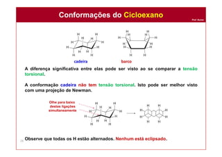 Prof. Nunes
A diferença significativa entre elas pode ser visto ao se comparar a tensão
torsional.
A conformação cadeira não tem tensão torsional. Isto pode ser melhor visto
com uma projeção de Newman.
Observe que todas os H estão alternados. Nenhum está eclipsado.
cadeira barco
Conformações do CicloexanoConformações do Cicloexano
28
Olhe para baixo
destas ligações
simultaneamente
 