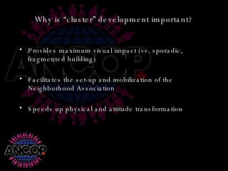 Why is “cluster” development important? Provides maximum visual impact (vs. sporadic, fragmented building) Facilitates the set-up and mobilization of the Neighborhood Association Speeds up physical and attitude transformation 