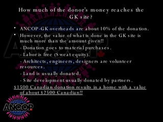How much of the donor’s money reaches the GK site? ANCOP-GK overheads are about 10% of the donation. However, the value of what is done in the GK site is much more than the amount given!! - Donation goes to material purchases. - Labor is free (Sweat equity). - Architects, engineers, designers are volunteer resources. - Land is usually donated. - Site development usually donated by partners. $1500 Canadian donation results in a home with a value of about $2500 Canadian!! 