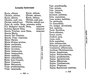Letanías lauteranas
Kyrie, eléison. Kyrie, eléison.
Christie, eléison. Christe, eléison.
Kyrie, eléison. Kyrie, eléison.
Christie, audi nos. Christe, audi nos.
Christe, exáudi nos. Christe, exáudi nos.
Pater de coelis, Deus, miserere nobis.
Fili, Redeptor mundi, Deus, miserere
Spiritus Sánete Deus, miserere
Sancta Trínitas, unus Deus, miserere
Sancta María,
Sancta Dei Génitrix,
Sancta Virgo vírginum,
Mater Christi,
Mater divinae gratiae,
Mater puríssima,
Mater castíssima,
Mater inviolata,
Mater intemerata,
Mater immaculata,
Mater amábilis,
Mater admirábilis,
Mater boni Consilii,
Mater Creatoris,
Mater Salvatoris,
Virgo prudentíssima,
Virgo veneranda,
• o
o
o
8
o
218 —
Virgo praedicanda,
Virgo potens,
Virgo clemens,
Virgo fidelis,
Spéculum justitiae,
Sedes, sapientiae,
Causa nostre laetitiae,
Vas spirituale,
Vas honorábile,
Vas insigne devotionis,
Rosa mystica,
Turris Davídica,
Turris ebúrnea,
Domus áurea,
Foederis arca,
Janua. coeli,
Stella matutina,
Salus infirmorum,
Refugium peccatorum,
Consolatrix afflictorum,
Auxilium Christianorum,
Regina Angelorum,
Regina Patriarcharum,
Regina prophetarum,
Regina Apostolorum,
Regina Mártyrum,
Regina Confessorum,
Regina Vírginum,
Regina Sanctorum omnium,
— 219
 