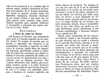 tren en tu presencia y en nombre mío te
adoren, amen, alaben y presenten el Cora-
zón amorosísimo de la Virgen santísima,
que tanto te agrada. Acepta estos mis
humildes obsequios, Corazón dulcísimo
de mi amado Jesús, y así como me has
dado gracia para concebir esta oferta,
dámela también para cumplir fielmente
lo prometido y adorarte por siglos eter-
nos en el cielo. Amén.
N o v i e m b r e
y fiesta de todos los Santos
¡Oh Santos del Paraíso, que rebosáis de
gozo ante el Corazón augusto de mi ama-
ble Jesús! Yo acepto el convite que me
hacéis, y adorando con vosotros a ese
amantísimo Corazón, y uniendo mi débil
voz a la vuestra, repito lleno de alegría;
sea honrado, glorificado, amado y obede-
cido de todos los corazones por siglos in-
finitos el Corazón santísimo de Jesús, que
con tal exceso de misericordia nos amó y
redimió con su Sangre preciosa. Mas
¡cuánta diferencia hay, Santos gloriosos,
entre vuestra suerte y la mía! Vosotros
estáis ya gozando de este divino Corazón;
le veis y le amáis con indecible ardor,
gozo y hartura de vuestro espíritu, sin
— 208 —
temor alguno de perderle. Yo, aunque le
veo con los ojos de la fe en la adorable
Eucaristía, y le recibo en mi pecho para
alimento y salud de mi alma, ¡cuántas ve-
ces me faltan los afectos por estar muy
tibio mi fervor y muy lánguida mi fe!
¡Cuántas veces, aunque esté en su presen-
cia y le tenga dentro de mí mismo, me
hallo distraído, helado, duro e insensible!
Pero lo que más aflige mi pecho es ver
cuan fácilmente puedo abandonar a ese
Corazón amabilísimo, y hacerme indigno
de ser amado por Él.
Tened, pues, compasión de mí, glorio-
sos Santos; rogad a ese Corazón santísi-
mo que siempre que yo acuda a visitarle
en la sagrada Eucaristía, atraiga a sí mi
corazón con todos sus afectos y senti-
mientos; y que siempre que yo le reciba
dentro de mi pecho, se digne iluminar mi
entendimiento y encender mi voluntad
con el fuego de su divino amor, para que
a Él sólo ame, en Él solo espere, el Cora-
zón sagrado de mi Dios, único Señor y
dueño de mi corazón. No dudo, santísi-
mos Protectores míos, que por vuestra
intercesión alcanzaré estas gracias, si las
apoya la Reina de todos los Santos y Ma-
dre mía amantísima. Sí, dulcísima Virgen
— 269 —
 
