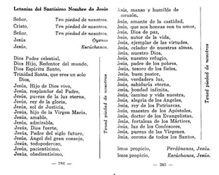 Letanías del Santísimo Nombre de Jesús
Señor, Ten piedad de nosotros.
Cristo, Ten piedad de nosotros.
Señor, Ten piedad de nosotros.
Jesús Óyenos
Jesús, Escúchanos.
Dios Padre celestial,
Dios Hijo, Redentor del mundo,
Dios Espíritu Santo,
Trinidad Santa, que eres un solo
Dios,
Jesús, Hijo de Dios vivo,
Jesús, resplandor del Padre,
Jesús, pureza de la luz eterna,
Jesús, rey de la gloria,
Jesús, sol de Justicia,
Jesús, hijo de la Virgen María,
Jesús, amable,
Jesús, admirable,
Jesús, Dios fuerte,
Jesús, Padre del siglo futuro,
Jesús, Ángel del gran consejo,
Jesús, todopoderoso,
Jesús, pacientísimo,
Jesús, obedientísimo,
_ 284 —
Jesús, manso y humilde de
corazón,
Jesús, amante de la castidad,
Jesús, que nos honras con tu amor,
Jesús, Dios de paz,
Jesús, autor de la vida,
Jesús, ejemplar de las virtudes,
Jesús, celador de nuestras almas,
Jesús, nuestro Dios,
Jesús, nuestro refugio,
Jesús, padre de los pobres,
Jesús, tesoro de los fieles,
Jesús, buen pastor,
Jesús, verdadera luz,
Jesús, sabiduría eterna,
Jesús, bondad infinita,
Jesús, "camino y vida nuestra,
Jesús, alegría de los Ángeles,
Jesús, rey de los Patriarcas,
Jesús, maestro de los Apóstoles,
Jesús, doctor de los Evangelistas,
Jesús, fortaleza de los Mártires,
Jesús, luz de los Confesores,
Jesús, pureza de las Vírgenes,
Jesús, corona de todos los Santos,
Senos propicio, Perdónanos, Jesús.
Senos propicio, Escúchanos, Jesús.
~~ 285 —
 