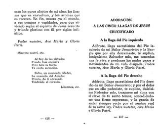 sean los puros afectos de mi alma los lien-
zos que os envuelvan, y los aromas,que
os recreen. En fin, muera yo al mundo,
a sus pompas y vanidades, para que vi-
viendo según el espíritu de Jesús resucite
y triunfe glorioso con Él por siglos infi-
nitos.
Padre nuestro, Ave María y Gloria
Patri.
Miserere nostri, etc.
Al Rey de las virtudes
Pesada losa encierra
Pero feliz la tierra
Ya canta salvación.
Sufre, un momento, Madre,
La ausencia del Amado:
Pronto, de ti abrazado
Tendrásle al corazón.
Llevemos, etc.
— 416 —
ADORACIÓN
A LAS CINCO LLAGAS DE JESÜS
CRUCIFICADO
A la llaga del Pie izquierdo
Adorote, llaga sacratísima del Pie iz-
quierdo de mi Señor Jesucristo; y la San-
gre que por ella derramaste, te suplico,
benignísimo Salvador mío, me concedas
una fe viva y perdones los malos pasos y
movimientos de mi vida disipada. Padre
nuestro, Ave María y Gloria Patri.
A la llaga del Pie derecho
Adorote, llaga sacratísima del Pie dere-
cho de mi Señor Jesucristo; y por el dolor
que en ella padeciste, te suplico, dulcísi-
mo Redentor mío, traspases mi alma con
el clavo de tu santo temor, concediéndo-
me una firme esperanza, y la gracia de
andar siempre recto por el camino real
de tu santa ley. Padre nuestro, Ave María
y Gloria Patri.
— 417 —
 