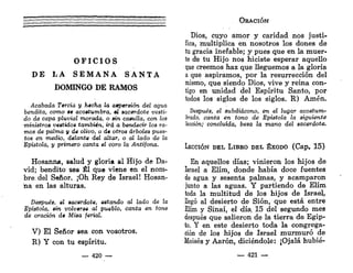 O F I C I O S
D E LA S E M A N A S A N T A
DOMINGO DE RAMOS
Acabada Tercia y hecha la aspersión del agua
bendita, como se acostumbra, el sacerdote vesti-
do de capa pluvial morada, o sin casulla, con los
ministros vestidos también, irá a bendecir los ra-
mos de palma y de olivo, o de otros árboles pues-
tos en medio, delante del altar, o al lado de la
Epístola, y primero canta el coro la Antífona.
Hosanna, salud y gloria al Hijo de Da-
vid; bendito sea Él que viene en el nom-
bre del Señor. ¡Oh Rey de Israel! Hosan-
na en las alturas.
Después, el sacerdote, estando al lado de la
Epístola, sin volverse al pueblo, canta en tono
de oración de Misa ferial.
V) El Señor sea con vosotros.
R) Y con tu espíritu.
— 420 —
ORACIÓN
Dios, cuyo amor y caridad nos justi-
fica, multiplica en nosotros los dones de
tu gracia inefable; y pues que en la muer-
te de tu Hijo nos hiciste esperar aquello
que creemos haz que lleguemos a la gloria
a que aspiramos, por la resurrección del
mismo, que siendo Dios, vive y reina con-
tigo en unidad del Espíritu Santo, por
todos los siglos de los siglos. R) Amén.
Después, el subdiácono, en el lugar acostum-
brado, canta en tono de Epístola la siguiente
lección; concluida, besa la mano del sacerdote.
LECCIÓN DEL LIBRO DEL ÉXODO (Cap. 15)
En aquellos días; vinieron los hijos de
Israel a Elím, donde había doce fuentes
de agua y sesenta palmas, y acamparon
junto a las aguas. Y partiendo de Elím
toda la multitud de los hijos de Israel,
llegó al desierto de Sión, que está entre
Elím y Sinaí, el día, 15 del segundo mes
después que salieron de la tierra de Egip-
to. Y en este desierto toda la congrega-
ción de los hijos de Israel murmuró de
Moisés y Aarón, diciéndole: ¡Ojalá hubié-
— 421 —
 