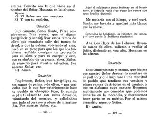 alturas. Bendito sea Él que viene en el
nombre del Señor. Hosanna en las alturas.
Sigúese:
V) El Señor sea con vosotros.
R) Y con tu espíritu.
ORACIÓN
Suplicárnoste, Señor Santo, Parre om-
nipotente, Dios eterno, que te dignes
ben^idecir y santificar estos ramos de
olivo que mandaste salir del tronco de
árbol, y que la paloma volviendo al arca,
llevó en su pico; para que los que los hu-
biesen recibido consigan tu protección
para su alma y para su cuerpo; y esto,
que es símbolo de tu gracia, sirva, Señor,
de remedio para nuestra salvación. Por
nuestro Señor, etc.
R) Amén.
ORACIÓN
Rogárnoste, Señor, que benlji digas es-
tos ramos de palma o de olivo, y nos con-
cedas que lo que hoy exteriormente hace
tu pueblo en obsequio tuyo, lo cumpla
e s p i r i t u a l m e n t e con suma devoción,
triunfando del enemigo, y aplicándose
con todo el corazón a obras de misericor-
dia. Por nuestro Señor, etc.
— 426 —
Aquí el celebrante pone incienso en el incen-
sario, y después rocía tres veces los ramos con
agua bendita diciendo:
Me rociarás con el hisopo, y seré puri-
ficado; me lavarás y quedaré más blanco
que la nieve.
Concluida la bendición, se reparten los ramos,
y el coro canta la Antífona siguiente:
Aña. Los Hijos de los Hebreos, llevan-
do ramos de olivo, salieron a recibir al
Señor, diciendo en voz alta. Hosanna en
las alturas.
ORACIÓN
Dios Omnipotente y eterno, que hiciste
que nuestro Señor Jesucristo montase en
un pollino, y que inspirase a una multitud
de pueblo que tendiese sus vestidos y
echase ramas de árboles en el camino, y
que en alabanza suya cantase Hosanna;
suplicárnoste nos concedas que podamos
imitarles en la inocencia, y merezacmos
tener parte en su mérito. Por el mismo
Jesucristo nuestro Señor.
R) Amén.
— 427 —
 