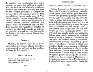 de castigar con penitencias una carne
impura, no busco sino delicias y regalos.
Mas no será así en adelante, dulcísimo
Jesús. Caiga sobre mi corazón una gota
de >sa Sangre preciosa, y arrepentido
abrazaré la mortificación, y quedaré todo
mcendido en vuestro santo amor. Y Vos,
Padre celestial, ya que vuestro Hijo san-
tísimo satisfizo sobreabundantemente a
vuestra divina Justicia, perdonad mis
culpas, usad de clemencia con las ben-
ditas Ánimas del Purgatorio, aceptad en
sufragio de ellaá todo cuanto yo sufriere
en este día, aceptad la cruel flagelación
de Jesús y los dolores de su Madre San-
tísima. Amén.
OBSEQUIO
Mañana, no comer fuera de las horas
acostumbradas, o hacer alguna mortifica-
ción corporal en sufragio de las benditas
Ánimas del Purgatorio.
D í a s e x t o
Por la señal de la santa cru*;, etc.
Señor mío Jesucristo, etc.
Padre celestial, etc.
— 508 —
MEDITACIÓN •
PACIENCIA Y RESIGNACIÓN DE LAS BENDITAS ÁNIMAS
PUNTO PRIMERO. — Es verdad que las
Almas del Purgatorio padecen imponde-
rables penas, y sin mérito, pero las pade-
cen con una paciencia y resignación admi-
rables. Conocen a Dios con luz perfectí-
sima, le aman con purísimo amor, y de-
sean ardentísimamente poseerlo, pero al
ver sus faltas, bendicen y adoran la mano
justa y amorosa que las castiga. ¡Oh! ¡y
con cuánta más resignación que los her-
manos de José, exclaman: Mérito bcec
patimur! Con mucha razón nos castigáis,
Señor; pues cuando pecamos no temimos
vuestro poder y justicia, frustramos los
designios de vuestro amor y sabiduría,
despreciamos vuestra majestad y gran-
deza, y ofendimos vuestras perfecciones
infinitas. Justo es que seamos castigadas.
Hombres sin conocimiento de la verda-
dera religión fueron agradecidos a sus
bienhechores; Faraón hizo a José virrey
de Egipto, porque le interpretó un sueño
misterioso. Asuero elevó a Mardoqueo a
los primeros empleos de la Persia, porque
le descubrió una conspiración; hasta los
— 509 —
 