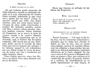 ORACIÓN
A JESÚS CLAVADO EN LA CRUZ
¿De qué trabajos puedo quejarme, oh
Jesús dulcísimo, cuando os contemplo cla-
vado en la cruz, desamparado de vuestro
Padre ceiestial, padeciendo la más cruel
sed y agonía por mi amor? ¿Cómo no
esperaré cuando por todas esas llagas
abiertas, como por otras tantas bocas o
volcanes de amor, pedís misericordia y
perdón? Sí; aliéntate, pecador; pronto
está Dios a borrar culpas pasadas, alen-
taos también vosotras, Almas benditas
del Purgatorio; ya se acerca la hora de
vuestro rescate y de vuestra libertad.
Mañana, con las comuniones que se os
ofrecerán, será el dichoso día devuestra
redención. ¡Oh! haced que así sea, dulcí-
simo Jesús, moved el corazón de estos
fieles para que no nieguen este sufragio a
las Ánimas, apagad la sed ardentísima
que esas Almas tienen de veros, de goza-
ros, de reinar con Vos y bendeciros por
siglos infinitos. Amén.
Cinco Padres nuestros, cinco Ave Ma-
rías y un Gloria Patri para alcanzar ests
gracia del Señor.
— 526 —
OBSEQUIO
Hacer una limosna en sufragio de las
Almas del Purgatorio.
D í a n o v e n o
Por la señal de la santa cruz, etc.
Señor mío Jesucristo, etc.
Padre celestial, etc.
M E D I T A C I Ó N
AGRADECIMIENTO DE LAS BENDITAS ÁNIMAS
PARA CON SUS DEVOTOS
PUNTO PRIMERO. — Ved aquí el día fe-
liz; hoy, con las numerosas comuniones y
sufragios que los fieles han ofrecido al
Señor, no sólo en ésta, sino en tantas
otras iglesias, muchas de aquellas Almas,
ayer tan afligidas y desgraciadas, han pa-
sado a ser dichosos habitantes y príncipes
felicísimos de la Corte celestial. Ya ven
cara a cara la Hermosura y Majestad infi-
nita; ya poseen a Dios, que contiene en sí
cuanto hay de amable, de grande, delicio-
so y perfecto. Su entendimiento ya no
puede experimentar ni más alegría, ni
— 527 —
 