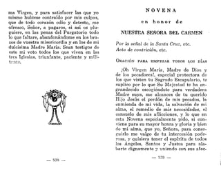 ma Virgen, y para satisfacer las que yo
mismo hubiese contraído por mis culpas,
que de todo corazón odio y detesto,. me
ofrezco, Señor, a pagaros, si así os plu-
guiere, en las penas del Purgatorio todo
lo que faltare, abandonándome en los bra-
zos de vuestra misericordia y en los de mi
dulcísima Madre María. Sean testigos de
este mi voto todos los que viven en las
tres Iglesias, triunfante, paciente y mili-
tante.
— 538 —
N O V E N A
e n h o n o r d e
NUESTRA SEÑORA DEL CARMEN
Por la señal de la Santa Cruz, etc.
Acto de contrición, etc.
ORACIÓN PARA EMPEZAR TODOS LOS DÍAS
¡Oh Virgen María, Madre de Dios y
de los pecadores!, especial protectora de
los que visten tu Sagrado Escapulario, te
suplico por lo que Su Majestad te ha en-
grandecido escogiéndote para verdadera
Madre suya, me alcances de tu querido
Hijo Jesús el perdón de mis pecados, la
enmienda de mi vida, la salvación de mi
alma, el remedio de mis necesidades, el
consuelo de mis aflicciones, y lo que en
esta Novena especialmente pido, si con-
viene para su mayor honra y gloria y bien
de mi alma, que yo, Señora, para conse-
guirlo me valgo de tu intercesión pode-
rosa, y quisiera tener el espíritu de todos
los Ángeles, Santos y Justos para ala-
barte dignamente y uniendo con sus afec-
— 539 —
 