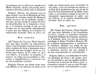 los primeros que te edificaron templo en el
Monte Carmelo, donde concurrían fervo-
rososos y devotos a darle culto y alabanza!
Ruégote, Señora, me alcances sea mi
alma templo vivo de la Majestad de Dios,
adornado de virtudes, donde Su Majestad
habite siempre, de mí alabado, amado y
adorado, sin que jamás le ocupen los afec-
tos desordenados de lo temporal y terre-
no, y al presente consiga lo que en esta
Novena por tu intercesión especialmente
le pido; que así, Señora, te lo suplico hu-
mildemente diciendo: Dios te salve, etc.
D í a c u a r t o
¡Oh Virgen del Carmen, María Santísi-
ma! que para mostrar tu especialísimo
amor a los Carmelitas, les honraste con el
dulce nombre de hijos y hermanos tuyos,
alentando con este singular favor su con-
fianza para buscar en Ti, como en amo-
rosa Madre, el remedio, el consuelo y el
amparo, en todas sus necesidades y aflic-
ciones, y empeñándoles en provocar imi-
tar tus excelentes virtudes!
Ruégote, Señora, me mires como amo-
rosa Madre, y me alcances te imite yo de
— 542 —
modo que dignamente goce el nombre ds
hijo tuyo, y que mi nombre sea escrito en
el libro de la predestinación con los de los
hijos de Dios hermanos de mi Señor Jesu-
cristo, y al presente consiga lo que por tu
intercesión especialmente le pido: que
así, Señora, te lo suplico humildemente
diciendo: Dios te salve, etc.
D í a q u i n t o
¡Oh Virgen del Carmen, María Santísi-
ma! que para defender a los Carmelitas,
tus hijos, cuando se intentaba extinguir
la Sagrada Religión del Carmen, mostran-
do el singular amor con que los amparas,
mandaste al Sumo Pontífice Honorio III,
los recibiese benignamente y confirmase
su instituto, dándole por señal de que
esta era tu voluntad y la de tu Hijo Jesús,
la repentina muerte con que castigó a
dos que especialmente lo contradecían!
Ruégote, Señora, me defiendas de todos
mis enemigos de alma y de cuerpo, para
que con quietud y paz me emplee siempre
fervoroso en el servicio de Dios y tuyo, y
al presente consiga lo que en esta Novena
por tu intercesión especialmente le pido;
— 543 —
 
