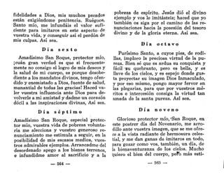 fidelidades a Dios, mis muchos pecados
están exigiéndome penitencia. Ruégoos,
Santo mío, me infundáis el valor sufi-
ciente para imitaros en este aspecto- de
vuestra vida, y conseguir así el perdón de
mis culpas. Así sea.
D í a s e x t o
Amadísimo San Roque, protector mío,
¡cuan gran verdad es que si frecuente-
mente no consigo el logro de mis deseos y
la salud de mi cuerpo, es porque desobe-
diente a los mandatos divinos, tengo ofen-
dido y enemistado a Dios, fuente de salud,
manantial de todas las gracias! Haced va-
ler vuestra influencia ante Dios para de-
volverle a mi amistad y dadme un corazón
dócil a las inspiraciones divinas, Así sea.
D í a s é p t i m o
Amadísimo San Roque, especial protec-
tor mío, vuestra vida de pobreza volunta-
ria me alecciona y vuestro generoso re-
nunciamiento me estimula a seguir, en la
posibilidad de mis escasos medios, vues-
tros admirables ejemplos. Arrancadme del
desordenado apego a los bienes terrenos,
e infundidme amor al sacrificio y a la
— 564 —
pobreza de espíritu. Jesús dio el divino
ejemplo y vos le imitasteis; haced que yo
también os siga por el camino de las re-
nunciaciones hacia la posesión del tesoro
divino y de la gloria eterna. Así sea.
D í a o c t a v o
Purísimo Santo, a cuyos pies, de rodi-
llas, imploro la preciosa virtud de la pu-
reza. Bien sé que es ardua su conquista y
fácil -pu quebranto, pero es bella, y es
llave de los cielos, y es espejo donde gus-
ta proyectar su imagen Dios Inmaculado,
y por eso mismo, pongo mayor fervor en
las plegarias, para que por vuestros mé-
ritos e intercesión consiga la virtud tan
amada de la santa pureza. Así sea.
D í a n o v e n o
Glorioso protector mío, "San Roque, en
este postrer día del Novenario, me arro-
dillo ante vuestra imagen, que se me ofre-
ce a la vista radiante de hermosura celes-
tial, y me dan ganas de imitaros en todo,
para gozar como vos, también, un día, de
la bienaventuranza de los cielos. Mucho
tiuiero el bien del cuerpo, pefb más esti-
— 565 —
 