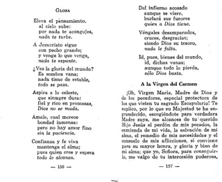 GLOSA
Eleva el pensamiento,
al cielo sube:
por nada te acongojes,
•nada, te turbe.
A Jesucristo sigue
con pecho grande;
y venga lo que venga,
nada te espante.
¿Ves la gloria del mundo?
Es sombra vana;
nada tiene de estable,
todo se pasa.
Aspira a lo celeste,
que siempre dura:
fiel y rico en promesas,
Dios no se muda.
Ámale, cual merece
bondad inmensa:
pero no hay amor fino
sin la paciencia.
Confianza y fe viva
mantenga el alma;
pues quien cree y espera
todo lo alcanza.
— 156 —
Del infierno acosado
aunque se viere,
burlará sus furores
quien a Dios tiene.
Véngales desamparados,
cruces, desgracias;
siendo Dios su tesoro,
nada le falta.
Id, pues, bienes del mundo,
id, dichas vanas;
aunque todo lo pierda,
sólo Dios basta.
A la Virgen del Carmen
¡Oh, Virgen María, Madre de Dios y
de los pecadores, especial protectora de
los que visten tu sagrado Escapulario! Te
suplico, por lo que su Majestad te ha en-
grandecido, escogiéndote para verdadera
Madre suya, me alcances de tu'querido
Hijo Jesús el perdón de mis pecados, la
enmienda de mi vida, la salvación de mi
alma, el remedio de mis necesidades y el
consuelo de mis aflicciones, si conviene
para su mayor honra, y gloria y bien de
mi alma; que yo, Señora, para conseguir-
lo, me valgo de tu intercesión poderosa,
— 157 —
 