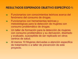 RESULTADOS ESPERADOS OBJETIVO ESPECÍFICO 1:   Funcionarios con conocimientos teóricos acerca del fenómeno del consumo de drogas. Funcionarios con herramientas teóricas y metodológicas para la detección de mujeres con consumo problemático de drogas. Un taller de formación para la detección de mujeres con consumo problemático y su derivación, diseñado y evaluado, susceptible de ser replicado en otros centros de salud. Al menos 10 Mujeres derivadas a atención especifica de tratamiento o a taller de prevención de este proyecto. 