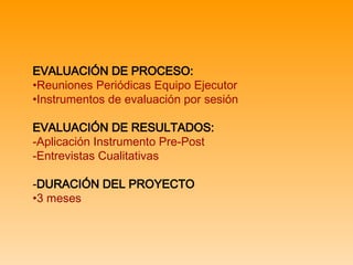EVALUACIÓN DE PROCESO: Reuniones Periódicas Equipo Ejecutor Instrumentos de evaluación por sesión EVALUACIÓN DE RESULTADOS: Aplicación Instrumento Pre-Post  Entrevistas Cualitativas DURACIÓN DEL PROYECTO 3 meses 