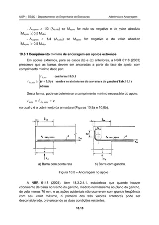 USP – EESC – Departamento de Engenharia de Estruturas Aderência e Ancoragem 
− As,apoio ≥ 1/3 (As,vão) se Mapoio for nulo ou negativo e de valor absoluto 
conforme 10.5.1 
10.10 
Mapoio≤ 0,5 Mvão; 
− As,apoio ≥ 1/4 (As,vão) se Mapoio for negativo e de valor absoluto 
Mapoio> 0,5 Mvão. 
10.6.1 Comprimento mínimo de ancoragem em apoios extremos 
Em apoios extremos, para os casos (b) e (c) anteriores, a NBR 6118 (2003) 
prescreve que as barras devem ser ancoradas a partir da face do apoio, com 
comprimento mínimo dado por: 
 
≥ + 
60mm 
 
 
(r 5,5 φ 
) sendo r o raio interno de curvatura do gancho (Tab. 10.1) 
b,nec 
be,min 
l 
l 
Desta forma, pode-se determinar o comprimento mínimo necessário do apoio: 
tmin = l be,min + c 
no qual c é o cobrimento da armadura (Figuras 10.8a e 10.8b). 
a) Barra com ponta reta b) Barra com gancho 
Figura 10.8 – Ancoragem no apoio 
A NBR 6118 (2003), item 18.3.2.4.1, estabelece que quando houver 
cobrimento da barra no trecho do gancho, medido normalmente ao plano do gancho, 
de pelo menos 70 mm, e as ações acidentais não ocorrerem com grande freqüência 
com seu valor máximo, o primeiro dos três valores anteriores pode ser 
desconsiderado, prevalecendo as duas condições restantes. 
 