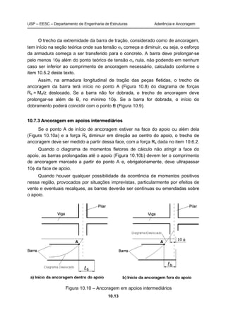 USP – EESC – Departamento de Engenharia de Estruturas Aderência e Ancoragem 
O trecho da extremidade da barra de tração, considerado como de ancoragem, 
tem início na seção teórica onde sua tensão σs começa a diminuir, ou seja, o esforço 
da armadura começa a ser transferido para o concreto. A barra deve prolongar-se 
pelo menos 10φ além do ponto teórico de tensão σs nula, não podendo em nenhum 
caso ser inferior ao comprimento de ancoragem necessário, calculado conforme o 
item 10.5.2 deste texto. 
Assim, na armadura longitudinal de tração das peças fletidas, o trecho de 
ancoragem da barra terá início no ponto A (Figura 10.8) do diagrama de forças 
Rs = Md/z deslocado. Se a barra não for dobrada, o trecho de ancoragem deve 
prolongar-se além de B, no mínimo 10φ. Se a barra for dobrada, o início do 
dobramento poderá coincidir com o ponto B (Figura 10.9). 
10.7.3 Ancoragem em apoios intermediários 
Se o ponto A de início de ancoragem estiver na face do apoio ou além dela 
(Figura 10.10a) e a força Rs diminuir em direção ao centro do apoio, o trecho de 
ancoragem deve ser medido a partir dessa face, com a força Rs dada no item 10.6.2. 
Quando o diagrama de momentos fletores de cálculo não atingir a face do 
apoio, as barras prolongadas até o apoio (Figura 10.10b) devem ter o comprimento 
de ancoragem marcado a partir do ponto A e, obrigatoriamente, deve ultrapassar 
10φ da face de apoio. 
Quando houver qualquer possibilidade da ocorrência de momentos positivos 
nessa região, provocados por situações imprevistas, particularmente por efeitos de 
vento e eventuais recalques, as barras deverão ser contínuas ou emendadas sobre 
o apoio. 
Figura 10.10 – Ancoragem em apoios intermediários 
10.13 
 