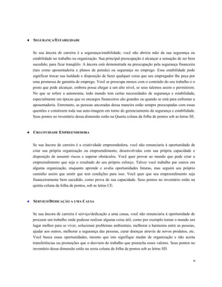 ♦ SEGURANÇA/ESTABILIDADE
Se sua âncora de carreira é a segurança/estabilidade, você não abriria mão da sua segurança ou
estabilidade no trabalho ou organização. Sua principal preocupação é alcançar a sensação de ser bem
sucedido, para ficar tranqüilo. A âncora está demonstrada na preocupação pela segurança financeira
(tais como aposentadoria e planos de pensão) ou segurança no emprego. Essa estabilidade pode
significar trocar sua lealdade e disposição de fazer qualquer coisa que seu empregador lhe peça por
uma promessa de garantia de emprego. Você se preocupa menos com o conteúdo do seu trabalho e o
posto que pode alcançar, embora possa chegar a um alto nível, se seus talentos assim o permitirem.
No que se refere a autonomia, todo mundo tem certas necessidades de segurança e estabilidade,
especialmente em épocas que os encargos financeiros são grandes ou quando se está para enfrentar a
aposentadoria. Entretanto, as pessoas ancoradas dessa maneira estão sempre preocupadas com essas
questões e constroem toda sua auto-imagem em torno do gerenciamento da segurança e estabilidade.
Seus pontos no inventário dessa dimensão estão na Quarta coluna da folha de pontos sob as letras SE.
♦ CRIATIVIDADE EMPREENDEDORA
Se sua âncora de carreira é a criatividade empreendedora, você não renunciaria à oportunidade de
criar sua própria organização ou empreendimento, desenvolvidas com sua própria capacidade e
disposição de assumir riscos e superar obstáculos. Você quer provar ao mundo que pode criar u
empreendimento que seja o resultado do seu próprio esforço. Talvez você trabalhe par outros em
alguma organização, enquanto aprende e avalia oportunidades futuras, mas seguirá seu próprio
caminho assim que sentir que tem condições para isso. Você quer que seu empreendimento seja
financeiramente bem sucedido, como prova de sua capacidade. Seus pontos no inventário estão na
quinta coluna da folha de pontos, sob as letras CE.
♦ SERVIÇO/DEDICAÇÃO A UMA CAUSA
Se sua âncora de carreira é serviço/dedicação a uma causa, você não renunciaria à oportunidade de
procurar um trabalho onde pudesse realizar alguma coisa útil, como por exemplo tornar o mundo um
lugar melhor para se viver, solucionar problemas ambientais, melhorar a harmonia entre as pessoas,
ajudar aos outros, melhorar a segurança das pessoas, curar doenças através de novos produtos, etc.
Você busca essas oportunidades, mesmo que isto signifique mudar de organização e não aceita
transferências ou promoções que o desviem do trabalho que preencha esses valores. Seus pontos no
inventário dessa dimensão estão na sexta coluna da folha de pontos sob as letras SD.
6
 