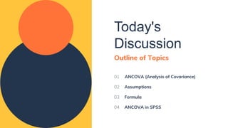 Today's
Discussion
Outline of Topics
ANCOVA (Analysis of Covariance)
01
Formula
03
ANCOVA in SPSS
04
02 Assumptions
 