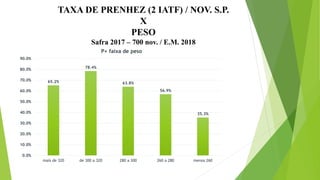 TAXA DE PRENHEZ (2 IATF) / NOV. S.P.
X
PESO
Safra 2017 – 700 nov. / E.M. 2018
65.2%
78.4%
63.8%
56.9%
35.3%
0.0%
10.0%
20.0%
30.0%
40.0%
50.0%
60.0%
70.0%
80.0%
90.0%
mais de 320 de 300 a 320 280 a 300 260 a 280 menos 260
P+ faixa de peso
 