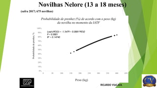 0%
10%
20%
30%
40%
50%
60%
70%
80%
90%
100%
0 50 100 150 200 250 300 350 400 450
Probabilidadedeprenhez,%
Peso (kg)
Probabilidade de prenhez (%) de acordo com o peso (kg)
da novilha no momento da IATF
Novilhas Nelore (13 a 18 meses)
Logit(PESO) = -1.5479 + 0.0081*PESO
P = 0.0001
R2 = 0.14740
(safra 2017; 675 novilhas)
RICARDO VIACAVA
 