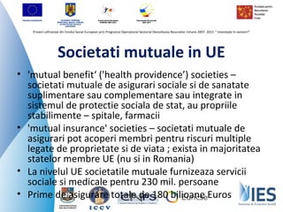 Proiect cofinanţat din Fondul Social European prin Programul Operaţional Sectorial Dezvoltarea Resurselor Umane 2007- 2013 “ Investeşte în oameni!”




                   Societati mutuale in UE
• 'mutual benefit‘ ('health providence’) societies –
  societati mutuale de asigurari sociale si de sanatate
  suplimentare sau complementare sau integrate in
  sistemul de protectie sociala de stat, au propriile
  stabilimente – spitale, farmacii
• 'mutual insurance' societies – societati mutuale de
  asigurari pot acoperi membri pentru riscuri multiple
  legate de proprietate si de viata ; exista in majoritatea
  statelor membre UE (nu si in Romania)
• La nivelul UE societatile mutuale furnizeaza servicii
  sociale si medicale pentru 230 mil. persoane
• Prime de asigurare totale de 180 bilioane Euros
 