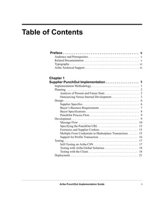 Ariba PunchOut Implementation Guide i
Table of Contents
Preface . . . . . . . . . . . . . . . . . . . . . . . . . . . . . . . . . . . . . . . . . v
Audience and Prerequisites. . . . . . . . . . . . . . . . . . . . . . . . . . . . . . . . . . v
Related Documentation. . . . . . . . . . . . . . . . . . . . . . . . . . . . . . . . . . . . . v
Typography . . . . . . . . . . . . . . . . . . . . . . . . . . . . . . . . . . . . . . . . . . . . . . vi
Ariba Technical Support . . . . . . . . . . . . . . . . . . . . . . . . . . . . . . . . . . . . vi
Chapter 1
Supplier PunchOut Implementation . . . . . . . . . . . . . . . . . . 1
Implementation Methodology. . . . . . . . . . . . . . . . . . . . . . . . . . . . . . . . 1
Planning . . . . . . . . . . . . . . . . . . . . . . . . . . . . . . . . . . . . . . . . . . . . . . . . 2
Analysis of Present and Future State. . . . . . . . . . . . . . . . . . . . . . . 2
Outsourcing Versus Internal Development . . . . . . . . . . . . . . . . . . 3
Design . . . . . . . . . . . . . . . . . . . . . . . . . . . . . . . . . . . . . . . . . . . . . . . . . . 6
Supplier Specifics . . . . . . . . . . . . . . . . . . . . . . . . . . . . . . . . . . . . . 6
Buyer’s Business Requirements . . . . . . . . . . . . . . . . . . . . . . . . . . 7
Buyer Specifications . . . . . . . . . . . . . . . . . . . . . . . . . . . . . . . . . . . 8
PunchOut Process Flow. . . . . . . . . . . . . . . . . . . . . . . . . . . . . . . . . 9
Development. . . . . . . . . . . . . . . . . . . . . . . . . . . . . . . . . . . . . . . . . . . . . 9
Message Flow . . . . . . . . . . . . . . . . . . . . . . . . . . . . . . . . . . . . . . . 10
Specifying the PunchOut URL . . . . . . . . . . . . . . . . . . . . . . . . . . 13
Extrinsics and Supplier Cookies . . . . . . . . . . . . . . . . . . . . . . . . . 15
Multiple From Credentials in Marketplace Transactions . . . . . . 15
Support for Profile Transaction . . . . . . . . . . . . . . . . . . . . . . . . . . 16
Testing. . . . . . . . . . . . . . . . . . . . . . . . . . . . . . . . . . . . . . . . . . . . . . . . . 17
Self-Testing on Ariba CSN . . . . . . . . . . . . . . . . . . . . . . . . . . . . . 17
Testing with Ariba Global Solutions . . . . . . . . . . . . . . . . . . . . . . 18
Testing with the Client. . . . . . . . . . . . . . . . . . . . . . . . . . . . . . . . . 18
Deployment. . . . . . . . . . . . . . . . . . . . . . . . . . . . . . . . . . . . . . . . . . . . . 21
 