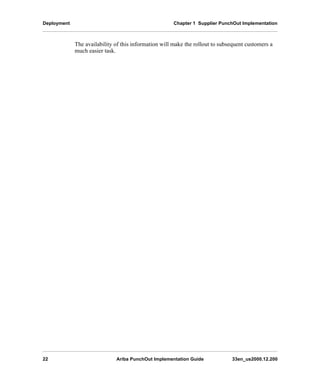 Deployment Chapter 1 Supplier PunchOut Implementation
22 Ariba PunchOut Implementation Guide 33en_us2000.12.200
The availability of this information will make the rollout to subsequent customers a
much easier task.
 