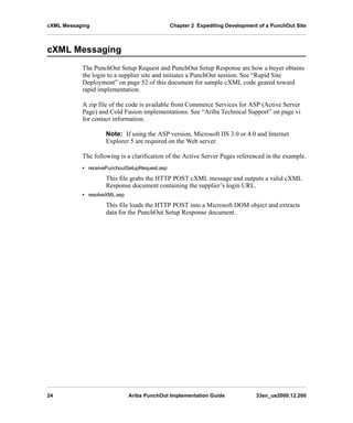 cXML Messaging Chapter 2 Expediting Development of a PunchOut Site
24 Ariba PunchOut Implementation Guide 33en_us2000.12.200
cXML Messaging
The PunchOut Setup Request and PunchOut Setup Response are how a buyer obtains
the login to a supplier site and initiates a PunchOut session. See “Rapid Site
Deployment” on page 52 of this document for sample cXML code geared toward
rapid implementation.
A zip file of the code is available from Commerce Services for ASP (Active Server
Page) and Cold Fusion implementations. See “Ariba Technical Support” on page vi
for contact information.
Note: If using the ASP version, Microsoft IIS 3.0 or 4.0 and Internet
Explorer 5 are required on the Web server.
The following is a clarification of the Active Server Pages referenced in the example.
• receivePunchoutSetupRequest.asp
This file grabs the HTTP POST cXML message and outputs a valid cXML
Response document containing the supplier’s login URL.
• resolveXML.asp
This file loads the HTTP POST into a Microsoft DOM object and extracts
data for the PunchOut Setup Response document.
 