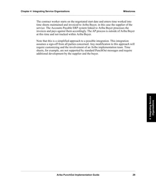 Ariba PunchOut Implementation Guide 29
4IntegratingService
Organizations
4IntegratingService
Organizations
4IntegratingService
Organizations
4IntegratingService
Organizations
4IntegratingService
Organizations
4IntegratingService
Organizations
Chapter 4 Integrating Service Organizations Milestones
The contract worker starts on the negotiated start date and enters time worked into
time sheets maintained and invoiced to Ariba Buyer, in this case the supplier of the
service. The Accounts Payable ERP system linked to Ariba Buyer processes the
invoices and pays against them accordingly. The AP process is outside of Ariba Buyer
at this time and not tracked within Ariba Buyer.
Note that this is a simplified approach to a possible integration. This integration
assumes a sign-off from all parties concerned. Any modification to this approach will
require customizing and the involvement of an Ariba implementation team. Time
sheets, for example, are not supported by standard PunchOut messages and require
additional development by the supplier and the buyer.
 
