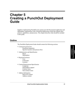Ariba PunchOut Implementation Guide 31
5Creatinga
PunchOutDeployment
Guide
5Creatinga
PunchOutDeployment
Guide
5Creatinga
PunchOutDeployment
Guide
5Creatinga
PunchOutDeployment
Guide
5Creatinga
PunchOutDeployment
Guide
5Creatinga
PunchOutDeployment
Guide
Chapter 5
Creating a PunchOut Deployment
Guide
Suppliers implementing PunchOut sites need to provide Procurement application and
Marketplace implementors with a PunchOut Deployment Guide that explains their
policies, capabilities, and processes. This chapter describes what should be included
in this guide.
Outline
The PunchOut Deployment Guide should contain the following sections:
• Connectivity Overview
PunchOut integration
Specific business rules/process flow
• Authentication and Identification
Buyer
Marketplace
• Required Extrinsics
User
CostCenter
Location
• Content Requirements/Specification
Categories
SelectedItem support
Contract items
Non-contract items
• Address Information
DeliverTo content
Address content
 