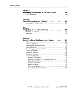 Ariba PunchOut Implementation Guide 33en_us2000.12.200
Table of Contents
Chapter 2
Expediting Development of a PunchOut Site . . . . . . . . . 23
cXML Messaging . . . . . . . . . . . . . . . . . . . . . . . . . . . . . . . . . . . . . . . . 24
Chapter 3
Retrofitting an Existing Website . . . . . . . . . . . . . . . . . . . . 25
Leveraging the Existing Site. . . . . . . . . . . . . . . . . . . . . . . . . . . . . . . . 25
Chapter 4
Integrating Service Organizations . . . . . . . . . . . . . . . . . . 27
PunchOut for Services . . . . . . . . . . . . . . . . . . . . . . . . . . . . . . . . . . . . 27
Milestones. . . . . . . . . . . . . . . . . . . . . . . . . . . . . . . . . . . . . . . . . . . . . . 28
Chapter 5
Creating a PunchOut Deployment Guide. . . . . . . . . . . . . 31
Outline . . . . . . . . . . . . . . . . . . . . . . . . . . . . . . . . . . . . . . . . . . . . . . . . 31
Connectivity Overview. . . . . . . . . . . . . . . . . . . . . . . . . . . . . . . . . . . . 32
Authentication and Identification . . . . . . . . . . . . . . . . . . . . . . . . . . . . 32
Required Extrinsics. . . . . . . . . . . . . . . . . . . . . . . . . . . . . . . . . . . . . . . 33
Content Requirements/Specification . . . . . . . . . . . . . . . . . . . . . . . . . 33
Address Information . . . . . . . . . . . . . . . . . . . . . . . . . . . . . . . . . . . . . . 33
Accounting Structure . . . . . . . . . . . . . . . . . . . . . . . . . . . . . . . . . . . . . 34
Commodity Coding. . . . . . . . . . . . . . . . . . . . . . . . . . . . . . . . . . . . . . . 35
Transactions Supported. . . . . . . . . . . . . . . . . . . . . . . . . . . . . . . . . . . . 35
Change/Cancel Orders. . . . . . . . . . . . . . . . . . . . . . . . . . . . . . . . . 36
Ad Hoc/Non-Catalog Line Items within an Order . . . . . . . . . . . 36
Internal Catalog Orders . . . . . . . . . . . . . . . . . . . . . . . . . . . . . . . . 36
Copied Requisitions. . . . . . . . . . . . . . . . . . . . . . . . . . . . . . . . . . . 36
Order Exceptions . . . . . . . . . . . . . . . . . . . . . . . . . . . . . . . . . . . . . 36
Third Party Suppliers. . . . . . . . . . . . . . . . . . . . . . . . . . . . . . . . . . 37
Quote Split into Multiple Orders. . . . . . . . . . . . . . . . . . . . . . . . . 37
 
