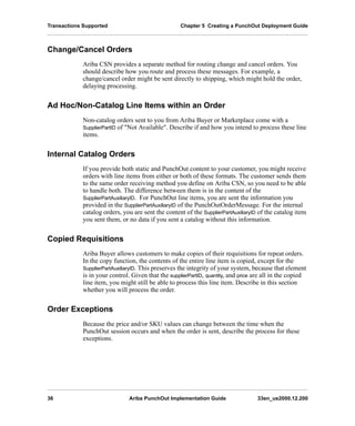 Transactions Supported Chapter 5 Creating a PunchOut Deployment Guide
36 Ariba PunchOut Implementation Guide 33en_us2000.12.200
Change/Cancel Orders
Ariba CSN provides a separate method for routing change and cancel orders. You
should describe how you route and process these messages. For example, a
change/cancel order might be sent directly to shipping, which might hold the order,
delaying processing.
Ad Hoc/Non-Catalog Line Items within an Order
Non-catalog orders sent to you from Ariba Buyer or Marketplace come with a
SupplierPartID of "Not Available". Describe if and how you intend to process these line
items.
Internal Catalog Orders
If you provide both static and PunchOut content to your customer, you might receive
orders with line items from either or both of these formats. The customer sends them
to the same order receiving method you define on Ariba CSN, so you need to be able
to handle both. The difference between them is in the content of the
SupplierPartAuxiliaryID. For PunchOut line items, you are sent the information you
provided in the SupplierPartAuxiliaryID of the PunchOutOrderMessage. For the internal
catalog orders, you are sent the content of the SupplierPartAuxiliaryID of the catalog item
you sent them, or no data if you sent a catalog without this information.
Copied Requisitions
Ariba Buyer allows customers to make copies of their requisitions for repeat orders.
In the copy function, the contents of the entire line item is copied, except for the
SupplierPartAuxiliaryID. This preserves the integrity of your system, because that element
is in your control. Given that the supplierPartID, quantity, and price are all in the copied
line item, you might still be able to process this line item. Describe in this section
whether you will process the order.
Order Exceptions
Because the price and/or SKU values can change between the time when the
PunchOut session occurs and when the order is sent, describe the process for these
exceptions.
 