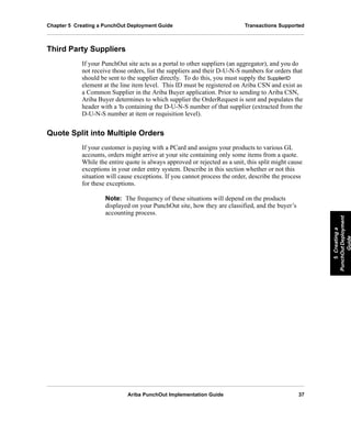 Ariba PunchOut Implementation Guide 37
5Creatinga
PunchOutDeployment
Guide
5Creatinga
PunchOutDeployment
Guide
5Creatinga
PunchOutDeployment
Guide
5Creatinga
PunchOutDeployment
Guide
5Creatinga
PunchOutDeployment
Guide
5Creatinga
PunchOutDeployment
Guide
Chapter 5 Creating a PunchOut Deployment Guide Transactions Supported
Third Party Suppliers
If your PunchOut site acts as a portal to other suppliers (an aggregator), and you do
not receive those orders, list the suppliers and their D-U-N-S numbers for orders that
should be sent to the supplier directly. To do this, you must supply the SupplierID
element at the line item level. This ID must be registered on Ariba CSN and exist as
a Common Supplier in the Ariba Buyer application. Prior to sending to Ariba CSN,
Ariba Buyer determines to which supplier the OrderRequest is sent and populates the
header with a To containing the D-U-N-S number of that supplier (extracted from the
D-U-N-S number at item or requisition level).
Quote Split into Multiple Orders
If your customer is paying with a PCard and assigns your products to various GL
accounts, orders might arrive at your site containing only some items from a quote.
While the entire quote is always approved or rejected as a unit, this split might cause
exceptions in your order entry system. Describe in this section whether or not this
situation will cause exceptions. If you cannot process the order, describe the process
for these exceptions.
Note: The frequency of these situations will depend on the products
displayed on your PunchOut site, how they are classified, and the buyer’s
accounting process.
 