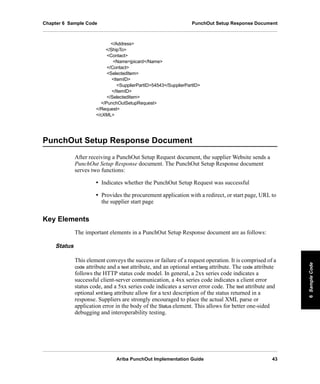 Ariba PunchOut Implementation Guide 43
6SampleCode6SampleCode6SampleCode6SampleCode6SampleCode6SampleCode
Chapter 6 Sample Code PunchOut Setup Response Document
/Address
/ShipTo
Contact
Namejpicard/Name
/Contact
SelectedItem
ItemID
SupplierPartID54543/SupplierPartID
/ItemID
/SelectedItem
/PunchOutSetupRequest
/Request
/cXML
PunchOut Setup Response Document
After receiving a PunchOut Setup Request document, the supplier Website sends a
PunchOut Setup Response document. The PunchOut Setup Response document
serves two functions:
• Indicates whether the PunchOut Setup Request was successful
• Provides the procurement application with a redirect, or start page, URL to
the supplier start page
Key Elements
The important elements in a PunchOut Setup Response document are as follows:
Status
This element conveys the success or failure of a request operation. It is comprised of a
code attribute and a text attribute, and an optional xml:lang attribute. The code attribute
follows the HTTP status code model. In general, a 2xx series code indicates a
successful client-server communication, a 4xx series code indicates a client error
status code, and a 5xx series code indicates a server error code. The text attribute and
optional xml:lang attribute allow for a text description of the status returned in a
response. Suppliers are strongly encouraged to place the actual XML parse or
application error in the body of the Status element. This allows for better one-sided
debugging and interoperability testing.
 