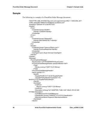 PunchOut Order Message Document Chapter 6 Sample Code
46 Ariba PunchOut Implementation Guide 33en_us2000.12.200
Sample
The following is a sample of a PunchOut Order Message document:
!DOCTYPE cXML SYSTEM http://xml.cxml.org/schemas/cXML/1.1.009/cXML.dtd
cXML payloadID=958074737352@www.xyz3Demo.com
timestamp=2000-06-14T12:59:09-07:00
Header
From
Credential domain=DUNS
Identity12345678/Identity
/Credential
/From
To
Credential domain=NetworkId
IdentityAN01000002792-T/Identity
/Credential
/To
Sender
Credential domain=www.xyz3Demo.com
IdentityPunchoutResponse/Identity
/Credential
UserAgentxyz3.x Buyer Services/UserAgent
/Sender
/Header
Message
PunchOutOrderMessage
BuyerCookie1J3YVWU9QWMTB/BuyerCookie
PunchOutOrderMessageHeader operationAllowed=edit
Total
Money currency=USD14.27/Money
/Total
/PunchOutOrderMessageHeader
ItemIn quantity=2
ItemID
SupplierPartID3171 04 20/SupplierPartID
SupplierPartAuxiliaryIDContractId=1751
ItemId=417714/SupplierPartAuxiliaryID
/ItemID
ItemDetail
UnitPrice
Money currency=USD1.22/Money
/UnitPrice
Description xml:lang=enADAPTER; TUBE; 5/32; MALE; #10-32 UNF;
FITTING/Description
UnitOfMeasureEA/UnitOfMeasure
Classification domain=UNSPSC21101510/Classification
ManufacturerNameDogwood/ManufacturerName
/ItemDetail
/ItemIn
 