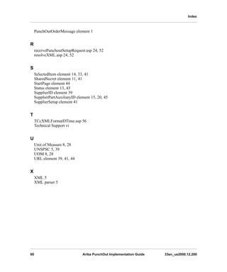 60 Ariba PunchOut Implementation Guide 33en_us2000.12.200
Index
PunchOutOrderMessage element 1
R
receivePunchoutSetupRequest.asp 24, 52
resolveXML.asp 24, 52
S
SelectedItem element 14, 33, 41
SharedSecret element 11, 41
StartPage element 44
Status element 13, 43
SupplierID element 39
SupplierPartAuxiliaryID element 15, 20, 45
SupplierSetup element 41
T
TCcXMLFormatDTime.asp 56
Technical Support vi
U
Unit of Measure 8, 28
UNSPSC 5, 39
UOM 8, 28
URL element 39, 41, 44
X
XML 5
XML parser 5
 