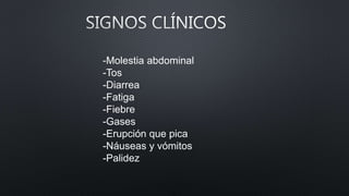 -Molestia abdominal
-Tos
-Diarrea
-Fatiga
-Fiebre
-Gases
-Erupción que pica
-Náuseas y vómitos
-Palidez
 