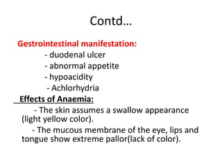 Contd…
Gestrointestinal manifestation:
- duodenal ulcer
- abnormal appetite
- hypoacidity
- Achlorhydria
Effects of Anaemia:
- The skin assumes a swallow appearance
(light yellow color).
- The mucous membrane of the eye, lips and
tongue show extreme pallor(lack of color).
 